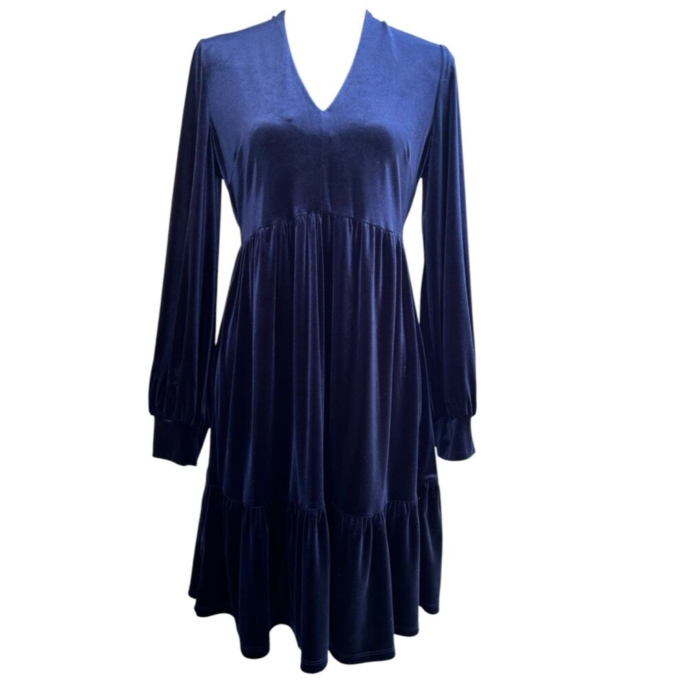 Whimsigoth Babydoll Ruffled Velvet Swing Dress - Midnight Navy Blue - Size 8